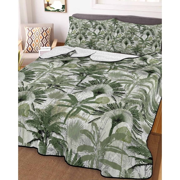 Green Tropical Leaves King Size Down Alternative Comforter, Lightweight Comforter Quilt Bedding Set with Pillow Shams Summer Palm Trees Botanical All Seasons Bed Comforter Duvet Insert 96"x106"