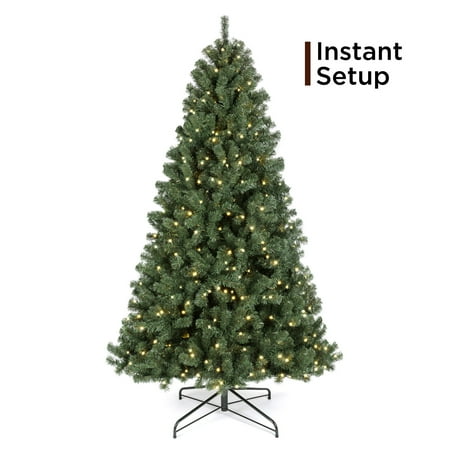 Quick Set Artificial Christmas Trees Best Choice Products 7.5ft Pre-Lit Instant Setup Hinged Artificial Spruce Christmas Tree with 550 LED Lights, 1,346 Memory Wire Tips, Metal Stand ()
