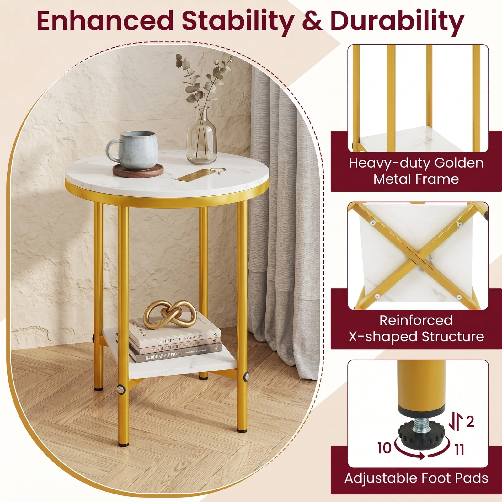 Furnibear 2-Tier Round Coffee Table with Storage Shelf, Faux Marble Top End Side Accent Table with Golden Metal Frame for Living Room Bedroom Small Space, White & Gold