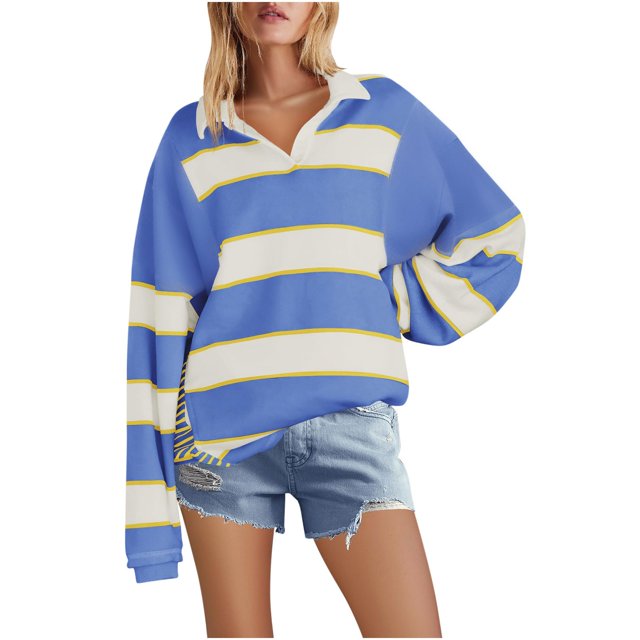 RXIRUCGD Blouse Décontractée Mode à Rayures Col en V Manches Longues pour Femmes, Bleu, Taille : 2TG