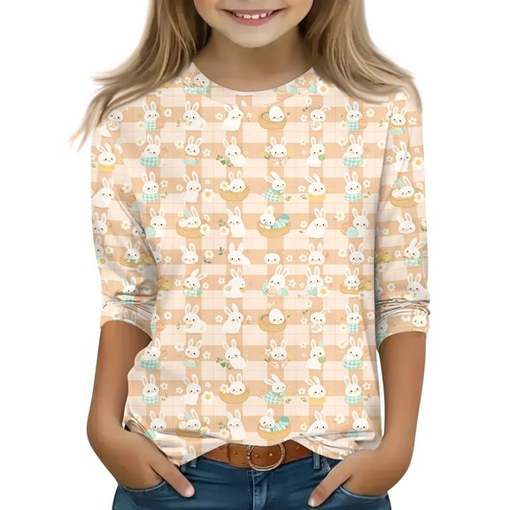 YOUYEDIAN 3/4 Length Sleeve Easter Shirts for Girls 2026 Funny Cute Bunny Graphic Crewneck Tees Festival Tops Cotton T-Shirt Outfits (Saffron, 11-12 Years)