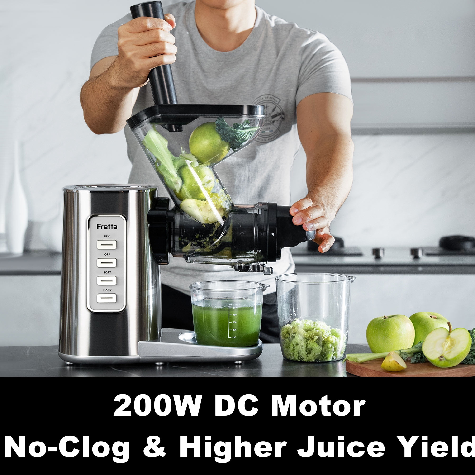 Fretta Juicer Machines,Cold Press Juicer with American-Sourced PCTG Material,3-Inch Wide Feed Chute Fits Whole Fruits & Vegetables,Stainless Steel & Easy to Clean,Quiet 200W DC Power