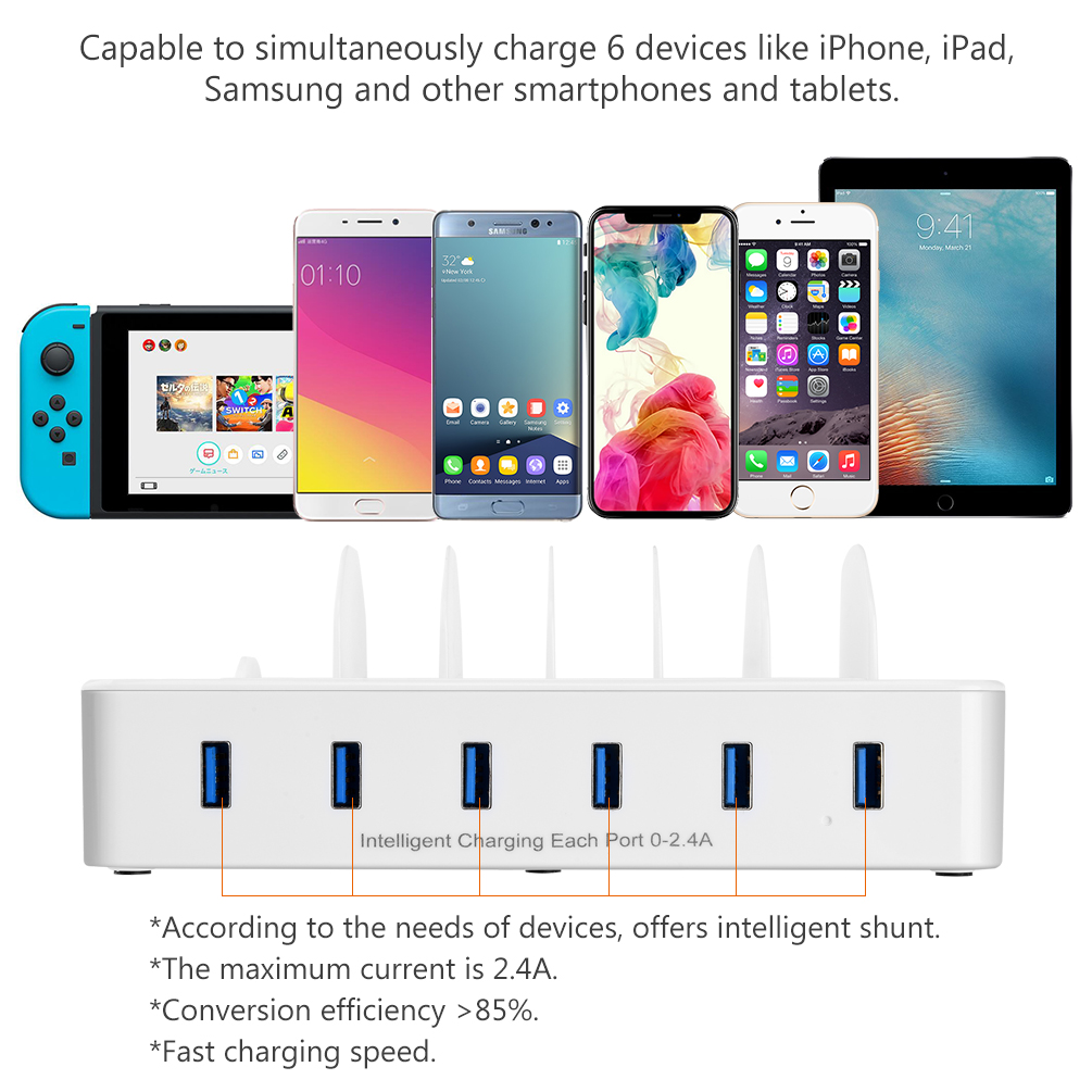 6-Port USB Charging Station Dock Stand & Organizer, Multi Port Charging Station, Universal Cell Phone Docking Station for iPhones, Samsung Galaxy, Apple Watch, Smartphones - image 2 of 8