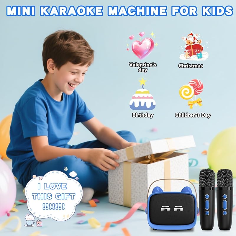 Zeokiar Upgraded Mini Karaoke Machine Toy for Kids, Portable Bluetooth Speaker with 2 Wireless Mics, Emoji & Colorful LED Lights, Home Travel & Party Play Gifts for Boys Girls (Pink)