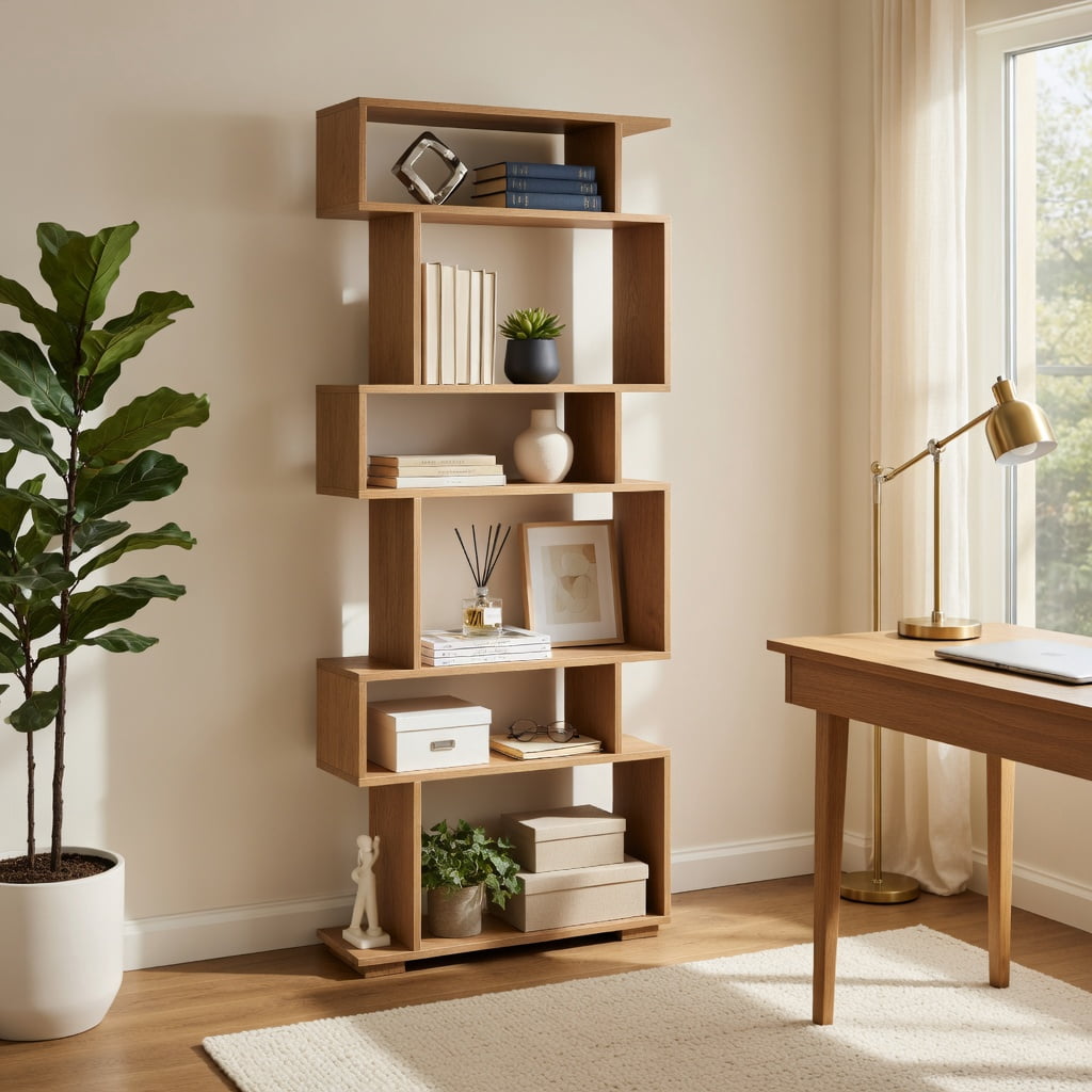 GVN 6-Tier Geometric Open Bookshelf Stylish Modern Display Bookcase with 2 Anti-Tipping Kits Stable Structure for Home Office Study Living Room Storage Furniture, Natural