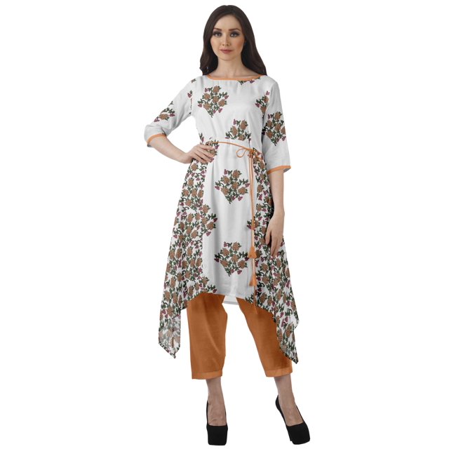 Moomaya Printed Traditional Clothing Womens Asymmetric Kurti Kurta With Pant Set