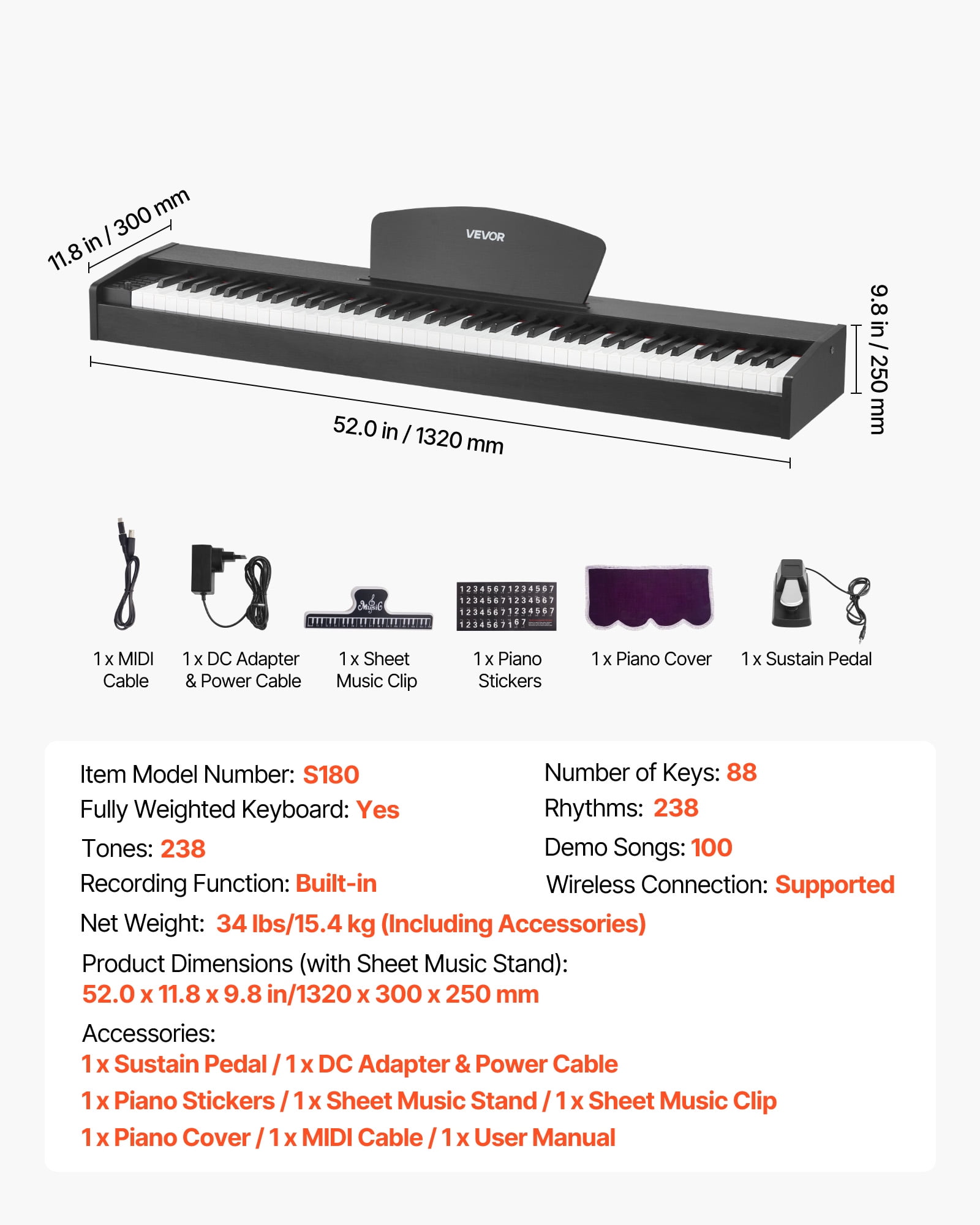 VEVOR Weighted Digital Piano, 88 Keys Fully Weighted, Electric Piano Dual Keyboard & Speakers, with Sustain Pedal, Recording Function, 238 Tones, Wireless Connection, for Beginners, Without Stand