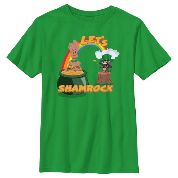Boy's Marvel Cartoon Rocket and Groot Let's Shamrock Graphic Tee Kelly Green X Large