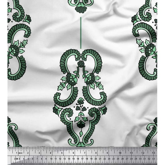 Soimoi Green Cotton Voile Fabric Stripe,Leaves & Floral Block Print Sewing Fabric Yard 56 Inch Wide