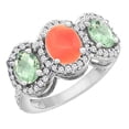 thumbnail image 1 of 10K White Gold Natural Coral & Green Amethyst 3-Stone Ring Oval Diamond Accent, size 5.5, 1 of 2