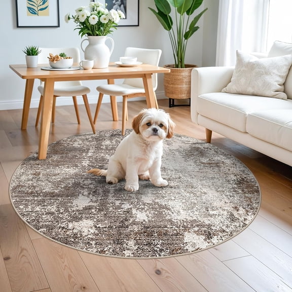 4ft Washable Kitchen Round Rug: Non-Slip Small Circle Rug for Bathroom,Living Room,Bedroom – Soft Modern Neutral Abstract Circular Carpet (Brown Beige,4x4)