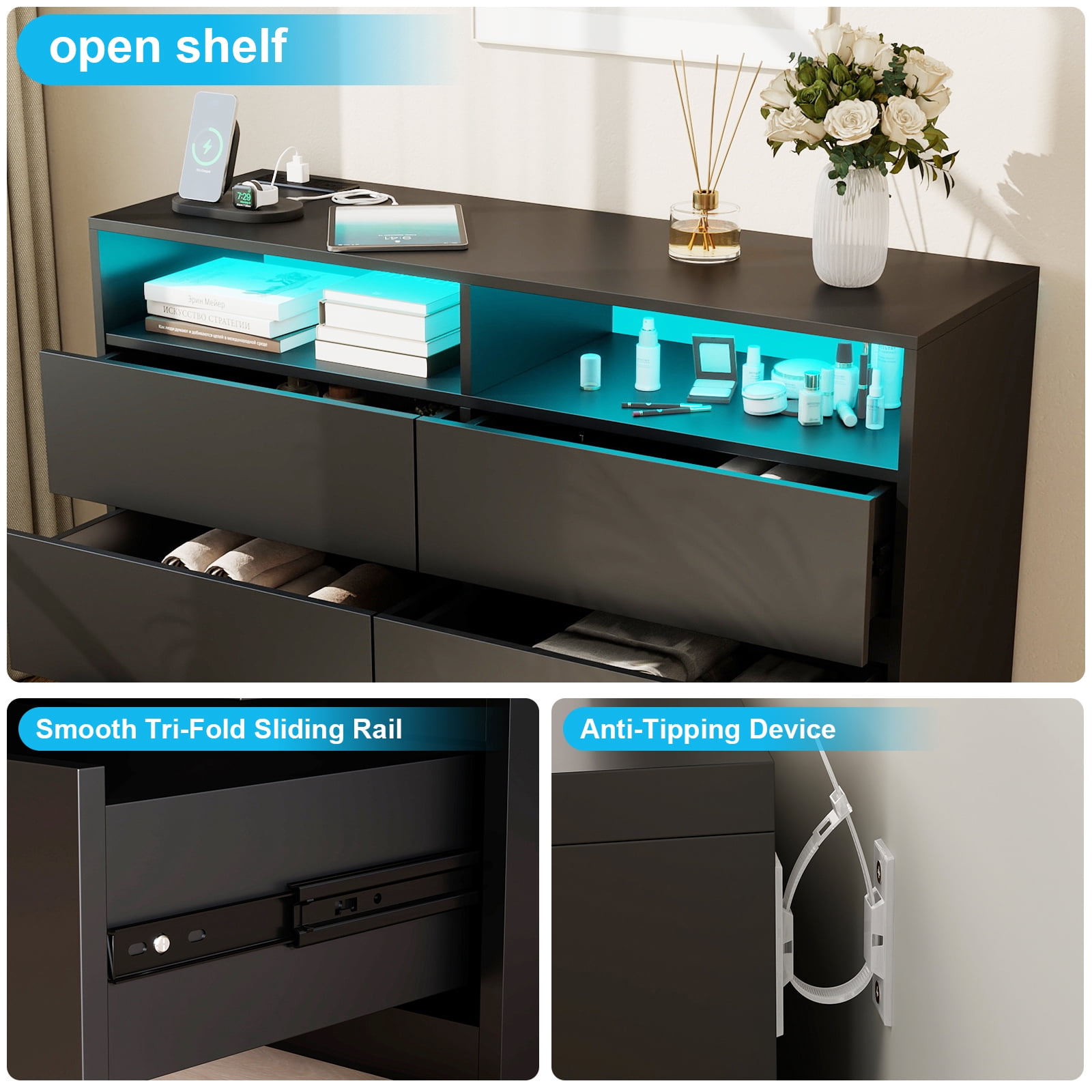 Black Dresser for Bedroom 6 Drawer with LED Lights & Power Outlet Modern TV Stand Double Dresser Wide Chest of Drawers Storage Cabinet for Bedroom,Game Room
