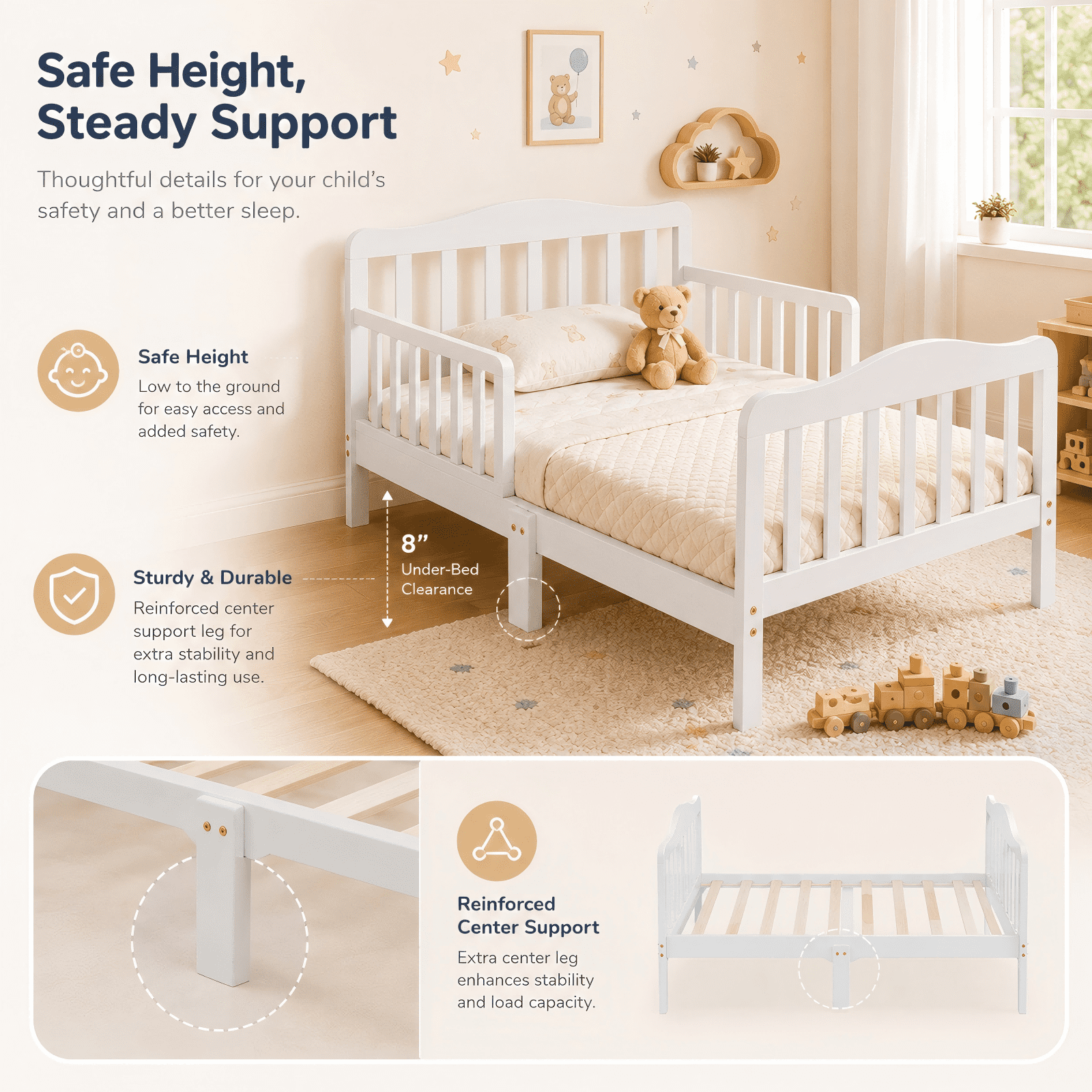 Zimtown Toddler Bed, Wood Kids Bedframe Children Classic Sleeping Bedroom Furniture w/Safety Rail Fence (White)