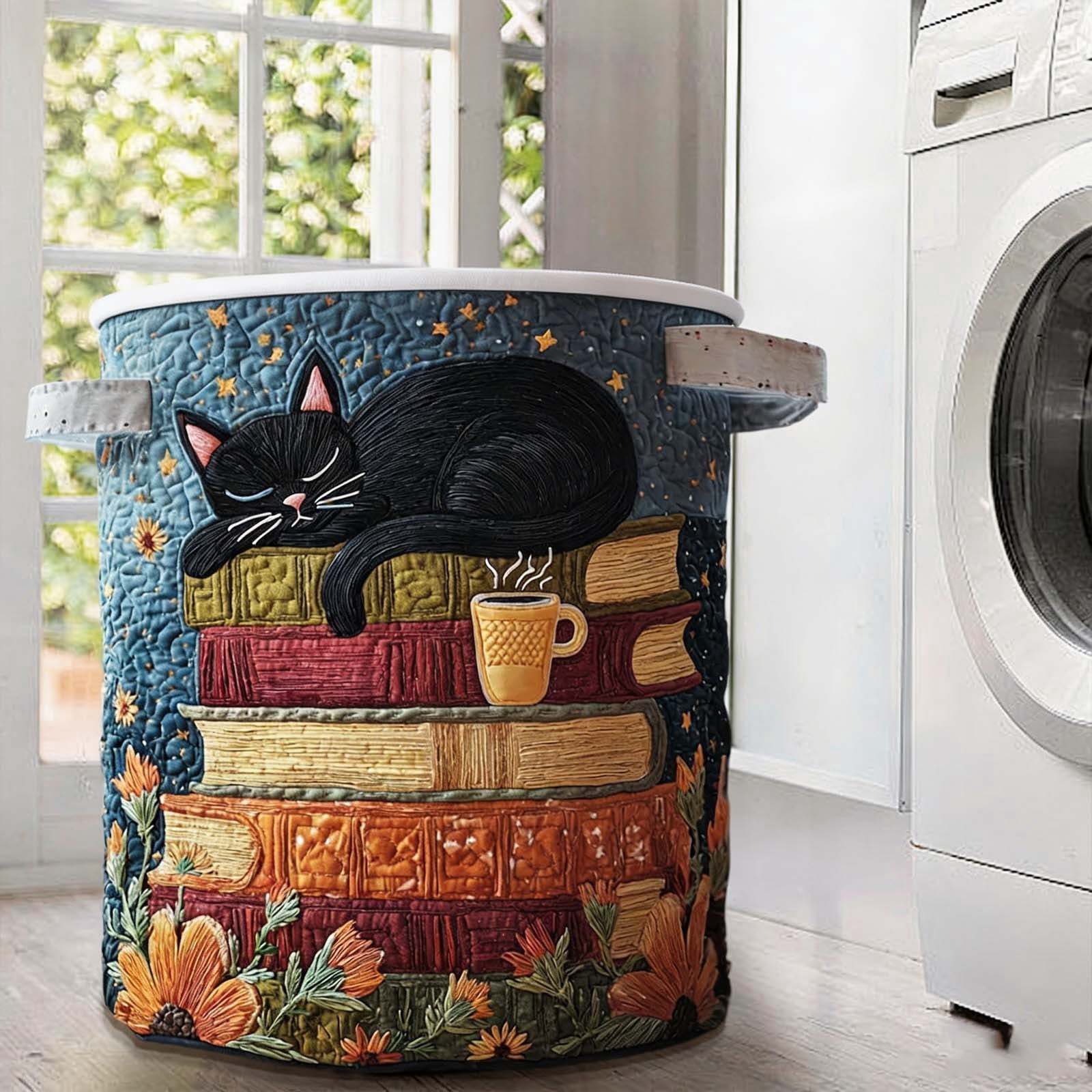 Cat Quilted Laundry Basket, Large Quilted Cute Cat Laundry Baskets with Reinforced Handles, Cozy Kitten Fabric Storage Hamper 18''x14''