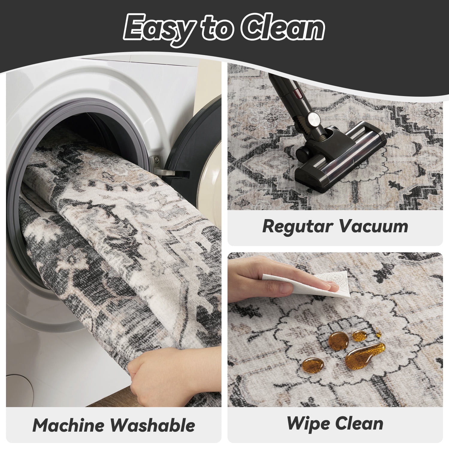 FEELHOME 9'x12' Area Rug Machine Washable Soft Vintage Distressed Non Slip Carpet for Living Room Bedroom Dining Room Black