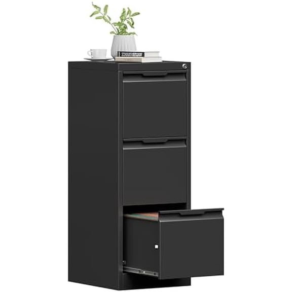 3 Drawer File Cabinet with Lock, Black Vertical Filing Cabinets for Home Office, Locking Metal File Cabinet for Letter/Legal/A4/F4 Size, Assemble Required$$Furniture