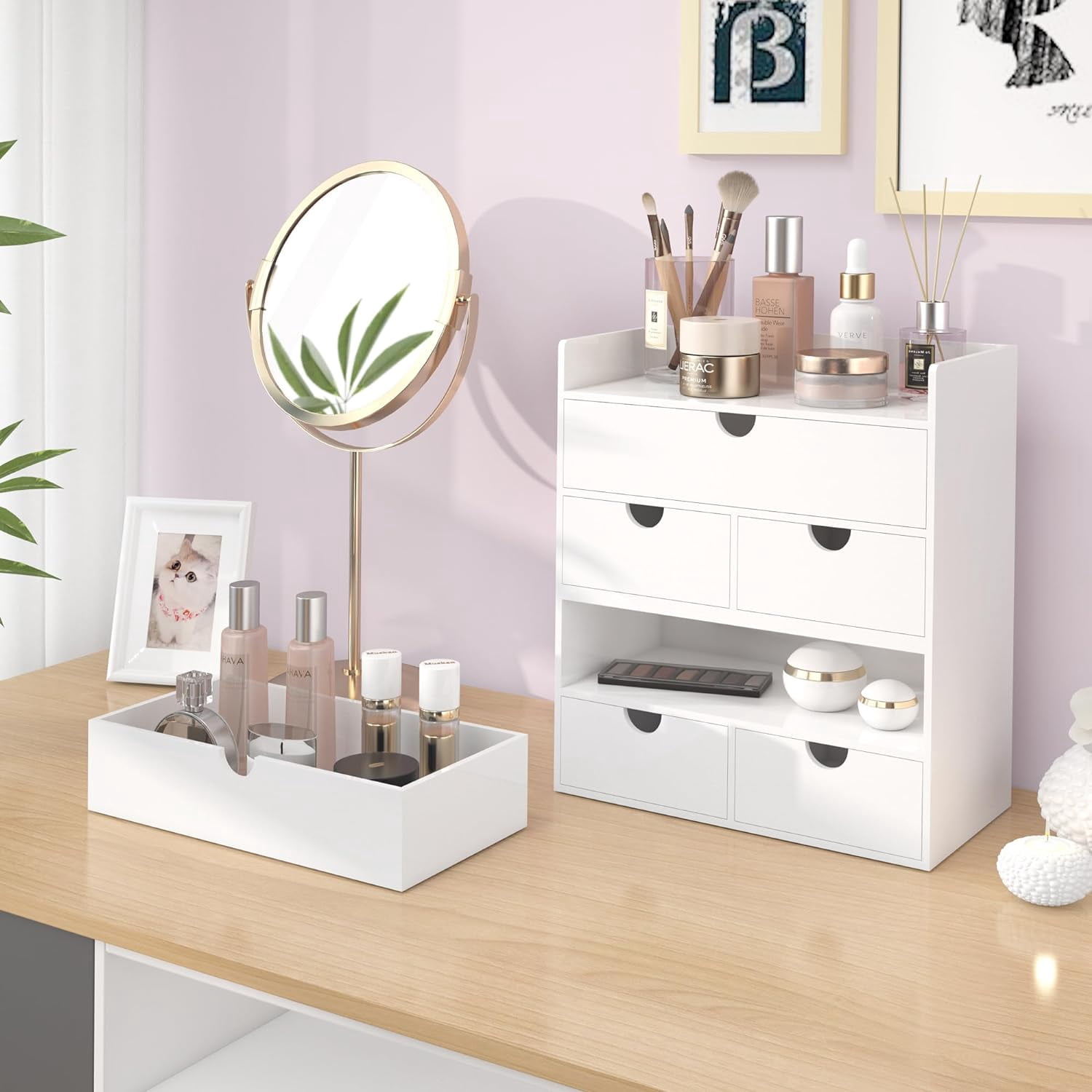 Bamboo Desk Organizer with Drawers Desktop Storage Drawers for Bills Office Supplies Kitchen Utensils Organizing Tool for Home Classroom Organization No Assembly (White with Shelf)