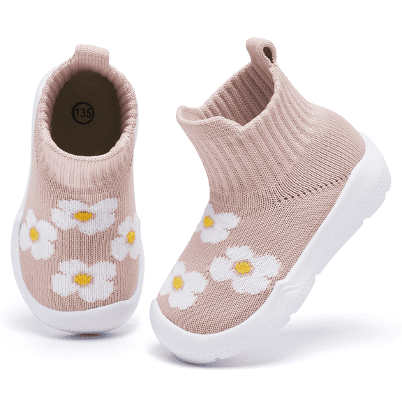 Toddler Sock Shoes Baby Walking Shoes Infant Slippers Boys & Girls Non-Slip Sneakers Beige Flower 6-9 Months