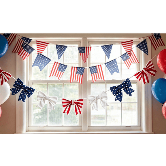America 250th Anniversary Bow Garland 74.8", Pre-Strung Patriotic Red White Blue Bows with Shape-Holding Wire for 4th of July, Memorial Day, Indoor Outdoor Home Party Decor