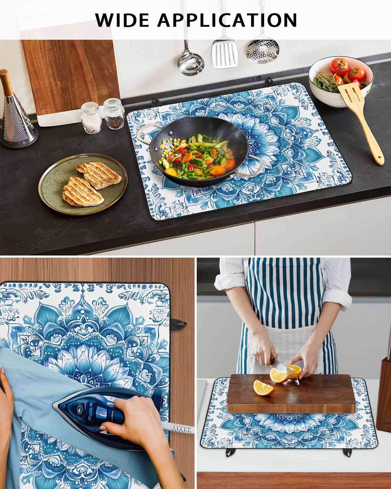 nqOlkjepod Large Induction Cooktop Protector Mat 24"x21", White Blue Boho Stove Top Covers for Electric Stove, Modern Floral Abstract Art Ethnic Tribal Stove Burner Cover Mats, Glass Top Stove Cover