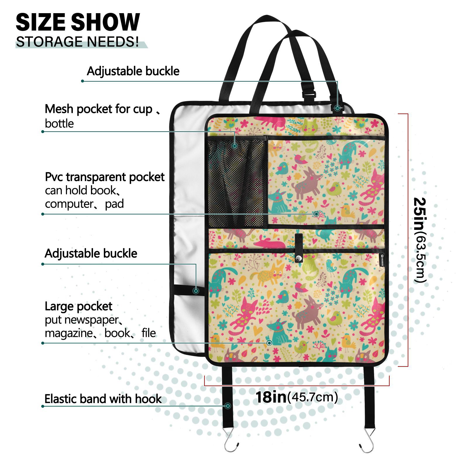 Cute animal floral pattern Back Seat Cover + Pocket Storage Organizer, 99 Pack Multifunctional Kick Mats Backseat Protector