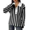 thumbnail image 5 of Womens Striped Pullover Sweater Soft Fleece Knit Sweaters Polo Henley Lapel Loose Fit Shirts Button Top Stylish Fall Jumper Versatile Casual Workwear School Blouses Clothing, 5 of 7