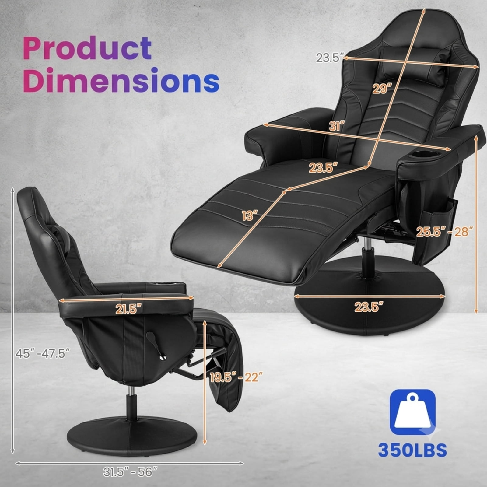 Furnibear Massage Video Gaming Recliner with Adjustable Height Reclining Backrest Retractable Footrest and Cup Holder for Office and Gaming, Black