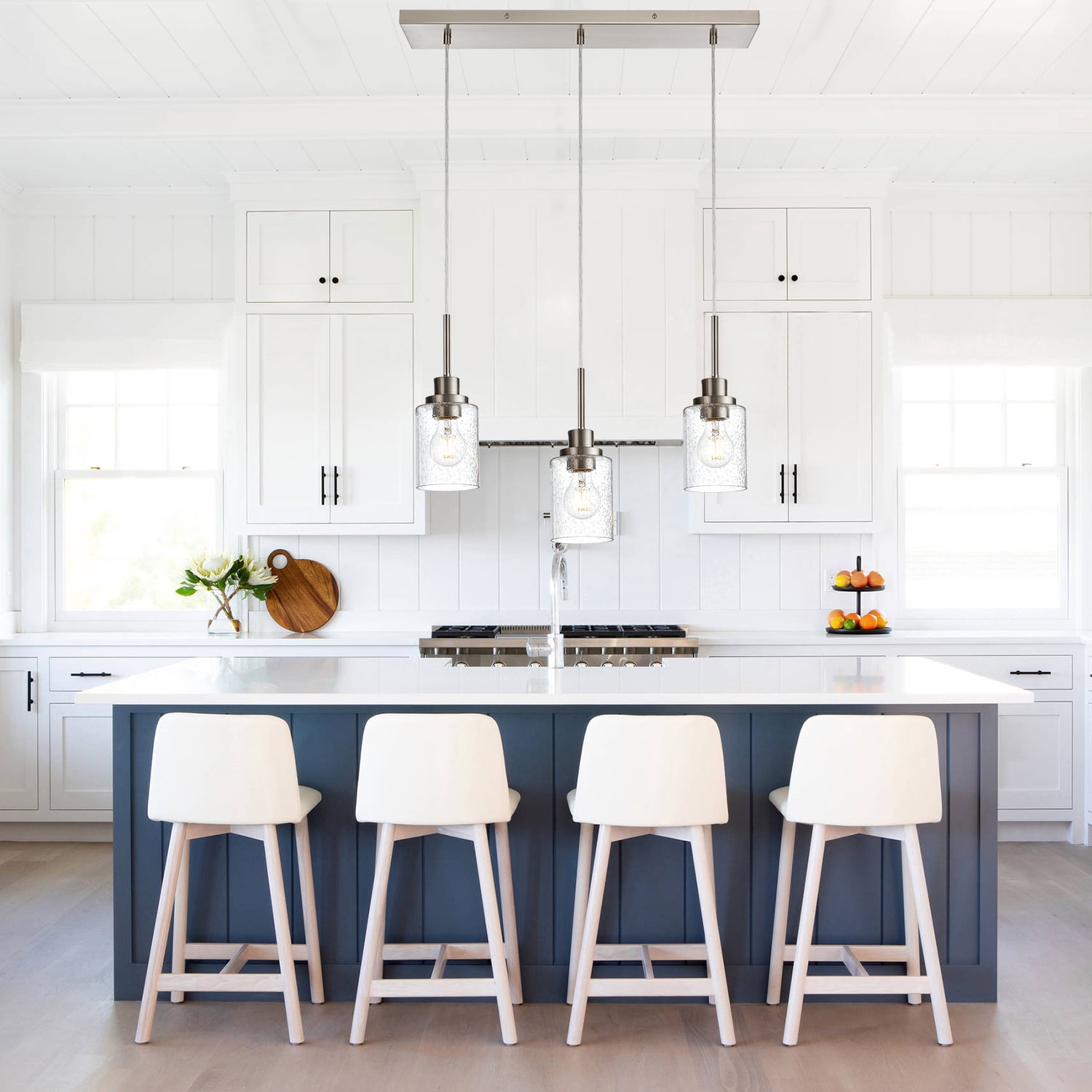 Melucee Farmhouse Dining Room Chandelier 3-Lights Brushed Nickel Kitchen Island Light, Clear Glass Pendant Lighting Fixtures