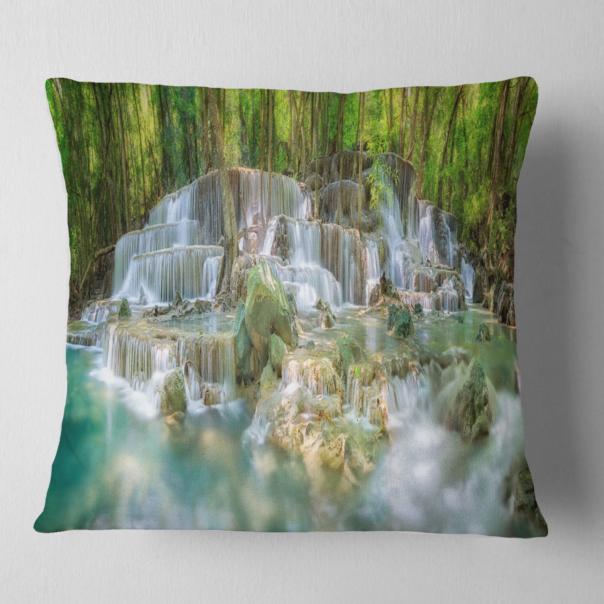 Designart Level 6 of Huaimaekamin Waterfall - Landscape Printed Throw Pillow - 18x18