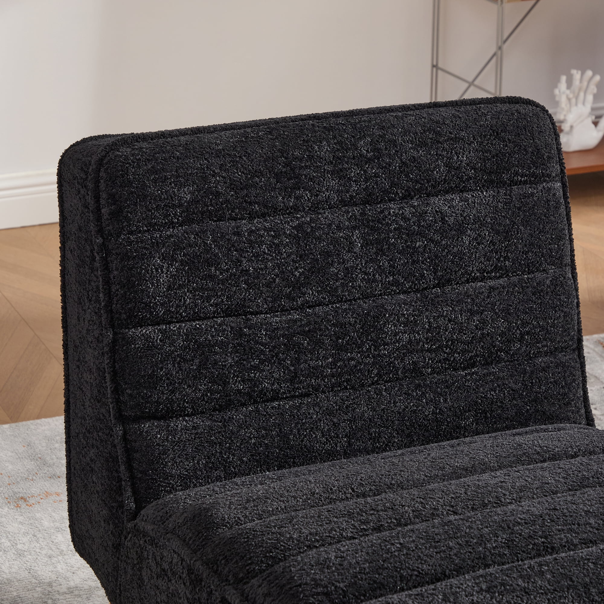 Armless Accent Chair, Upholstered Chair, Chenille Accent Chair with Rubber Wood Legs, Black for Living Room, Bedroom, Office