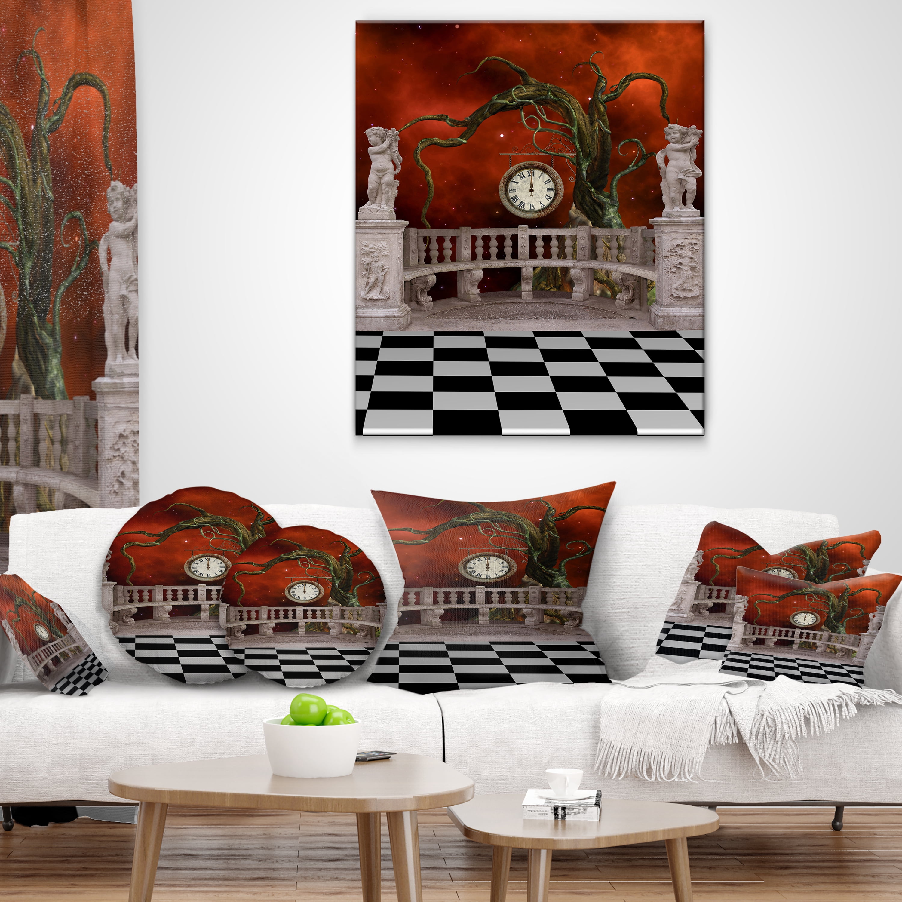 Designart Balcony with Clock and Tree Angels - Throw Pillow - 12x20