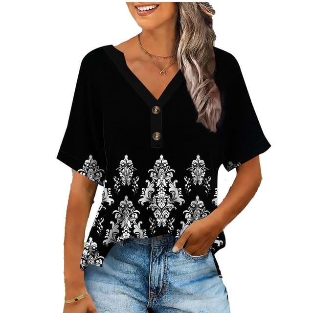 Camisetas de Cuello en V Mujeres de Moda Y Cómodo Botón Casual V-Cuello Camiseta Suelta Y Elástica No Posicionamiento Impresión Mujer Camisetas Casual