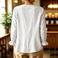 thumbnail image 6 of Womens Cotton Linen Shirts Long Sleeve Button Down Crewneck Ruffled Blouses Trendy Casual Loose Cute Comfy Tops, 6 of 6