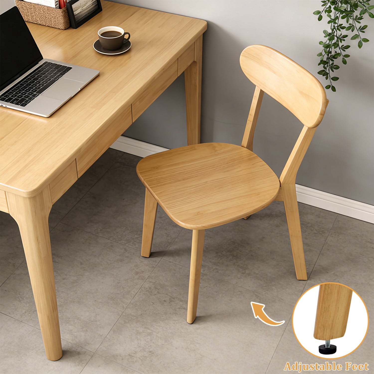 100% Natural Solid Wood Dining Chair Mid Century Modern Kitchen Chair with Curved Backrest Adjustable Foot Pads Walnut Dining Room Living Room Study Chair, Natural
