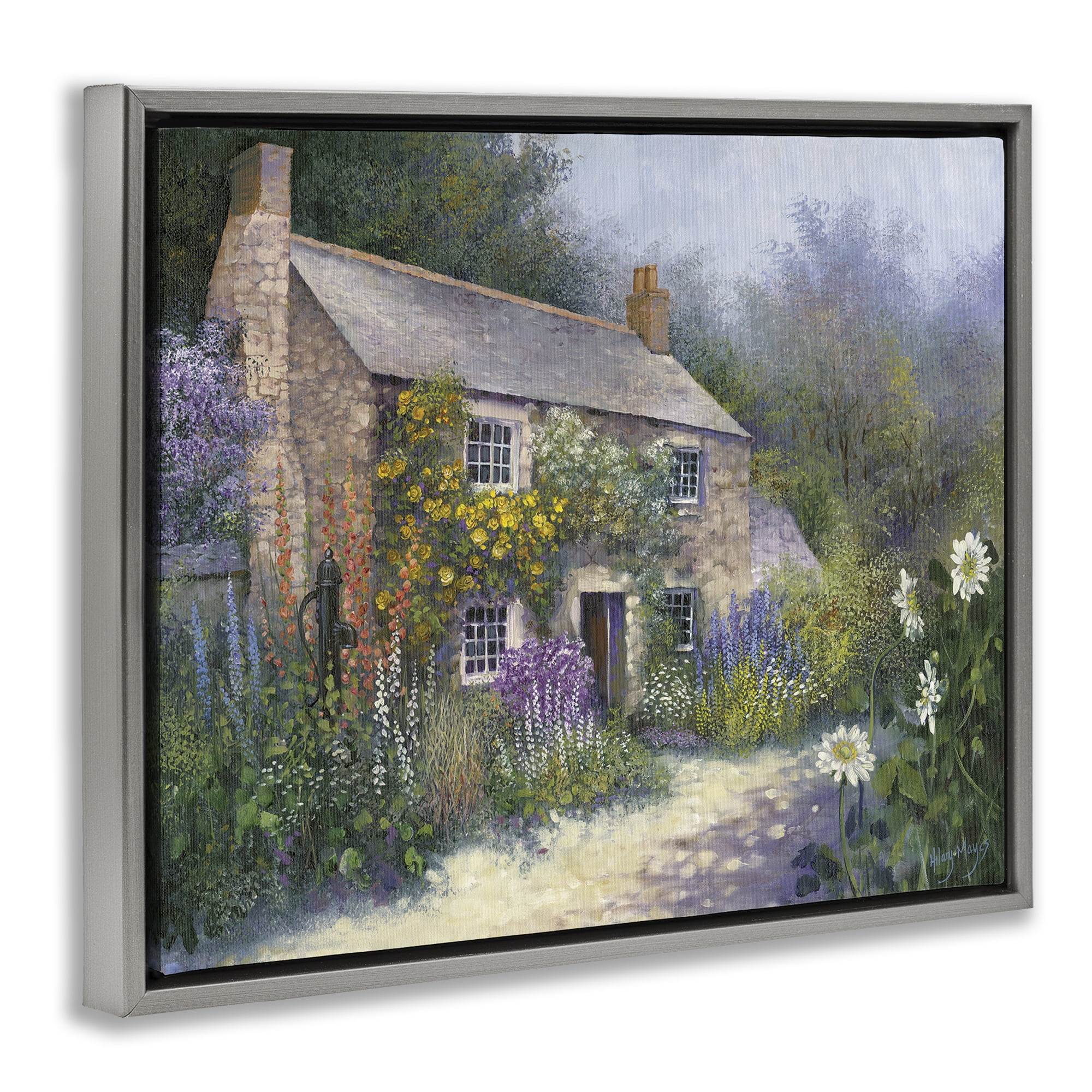 Stupell Industries Gardener's Cottage View Buildings & Architecture Painting Gray Floater Framed Canvas Art Print Wall Art, 31 x 25