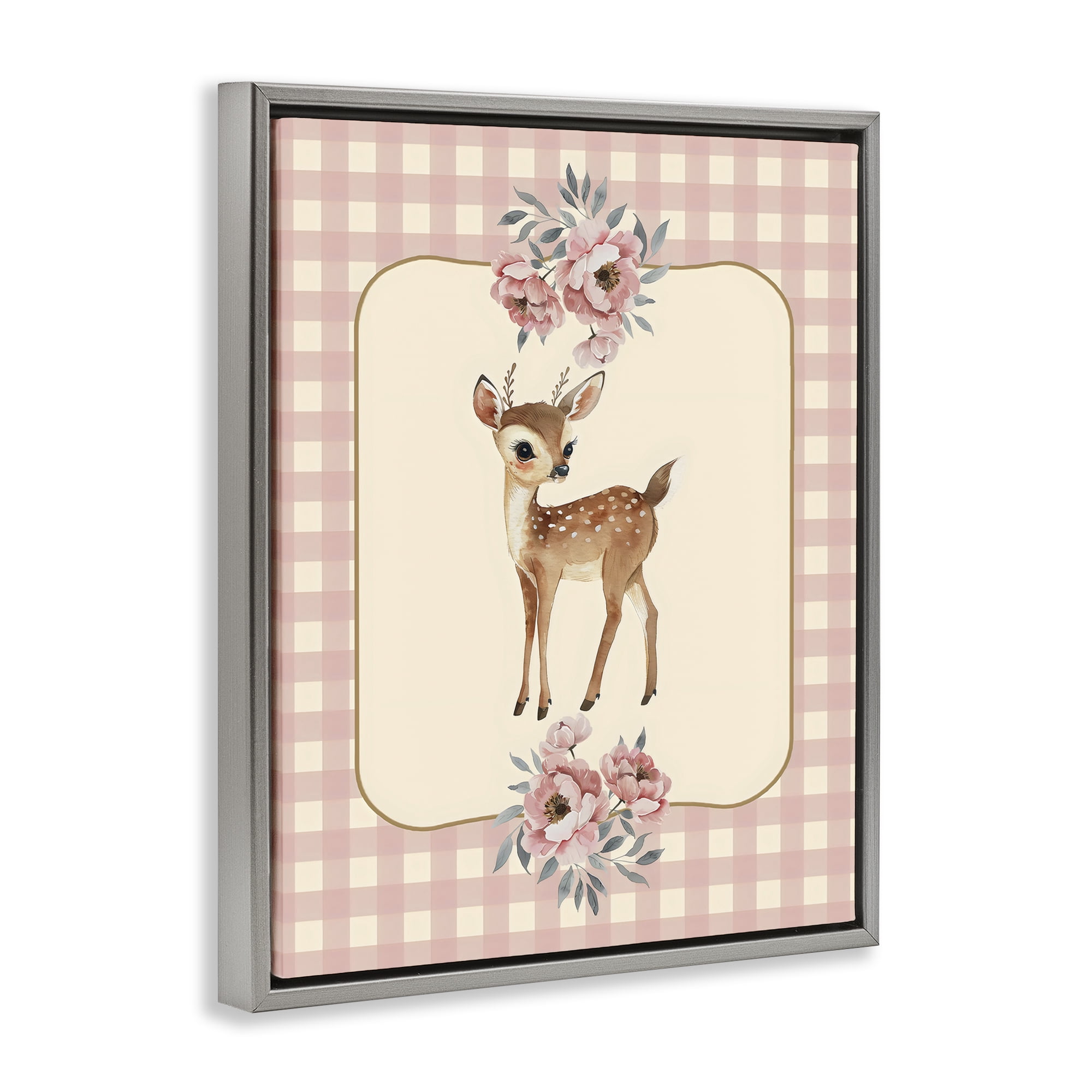 Stupell Industries Baby Deer Pink Gingham Gray Framed Floater Canvas Wall Art, design by LSR Design Studio
