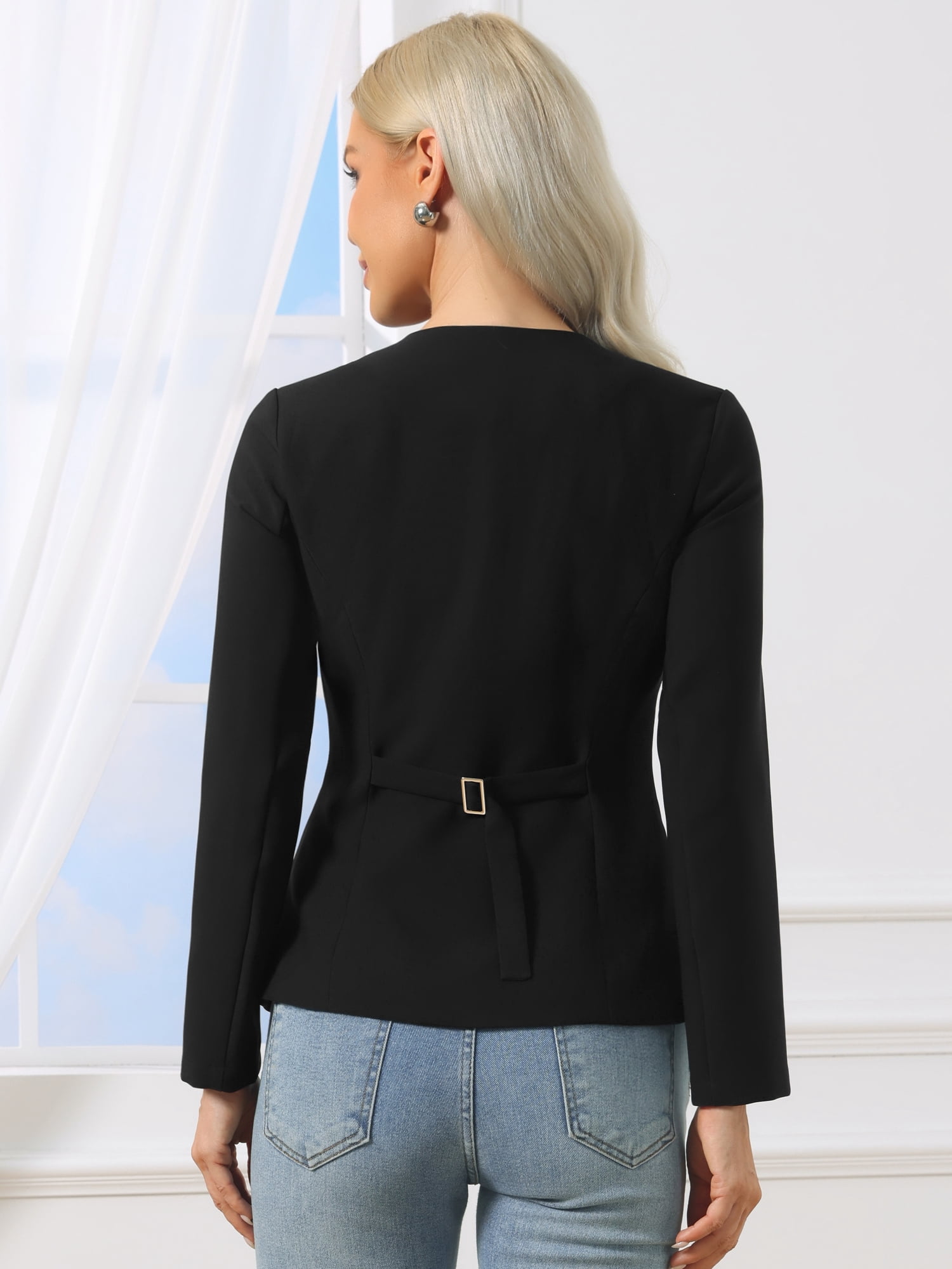 DARING DIVA Women's Casual Collarless Button Down Scoop Neck Fitted Blazer M Black