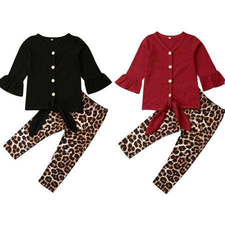 

2Pcs Kids Clothes Set Toddler Baby Girls Long Sleeves T-Shirt+Leopard Pants Outfits