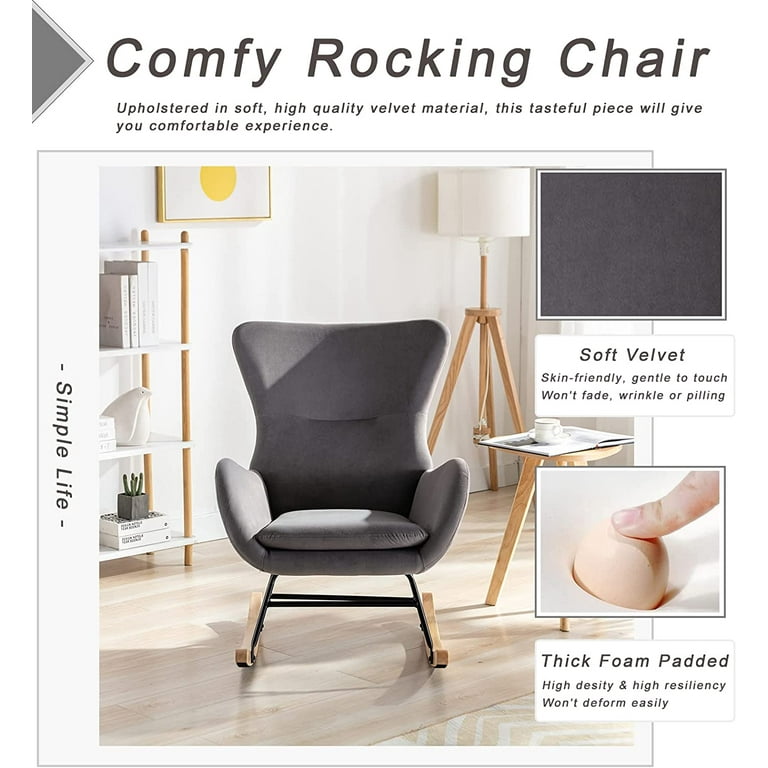 Ucloveria Small Rocking Accent Chair Uplostered Glider Rocker Armchair for Baby Nursery Comfy Side Chair for Living Room Bedroom Dark Grey Velvet