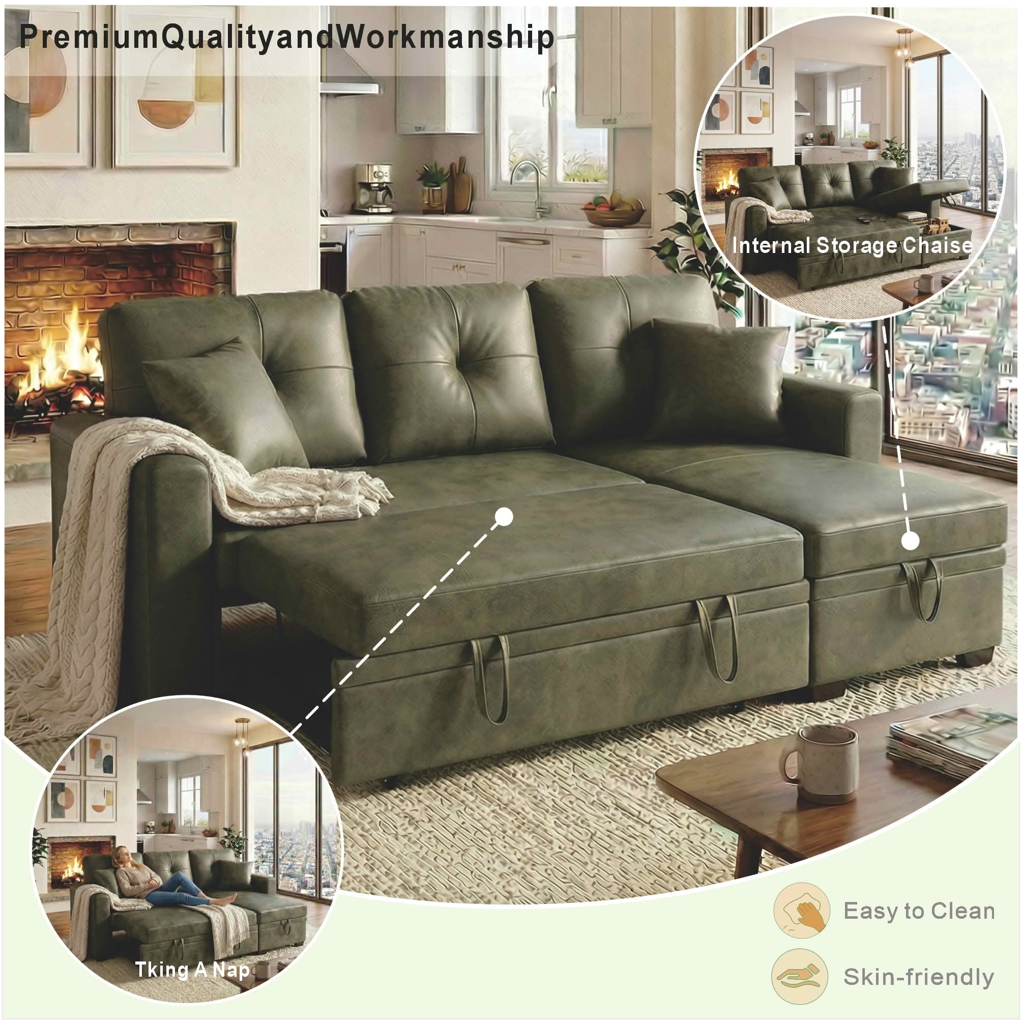 MAYEERTY 71" Breathable Fabric Sleeper Sectional Sofa, L-Shaped Convertible Pull-Out Sofa Bed with Reversible Chaise & Hidden Storage, Multi-Functional