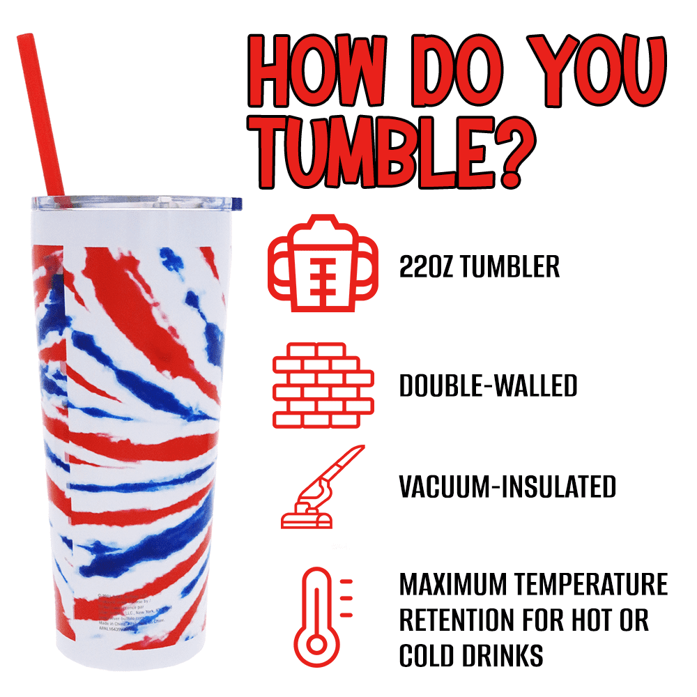Silver Buffalo Patriotic Tye Dye Double Walled Stainless Steel Tumbler with Straw, 22 fl oz, 2-Pack
