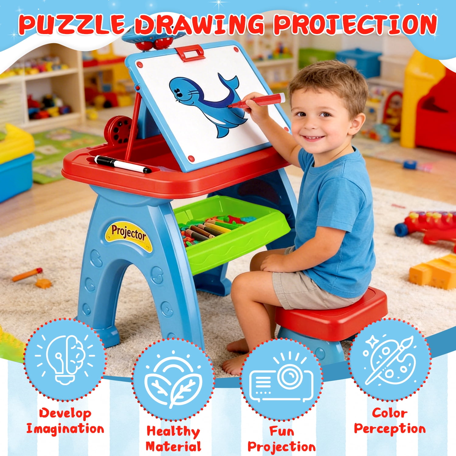 Caunedy Drawing Projector Table for Kids,Learning Projector Table Toys with Projector,Stool,Art Desk Table Kids Drawing for Ages 3-8 Years Old Girl Birthday Gifts