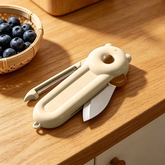 Pelador de cocina y cuchillo para frutas dos en uno con succión magnética, acero inoxidable, plegable, multifuncional, incluye orificio para colgar, disponible en rosa, blanco, café.