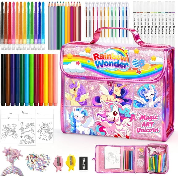 homicozy 106PCS Scented Washable Markers Set,Arts and Crafts Kit for Girls Ages 4-6-8-10,Travel Coloring Drawing Art Supplies with Unicorn Glitter Pencil Case,Ideal Birthday Gift for Kids