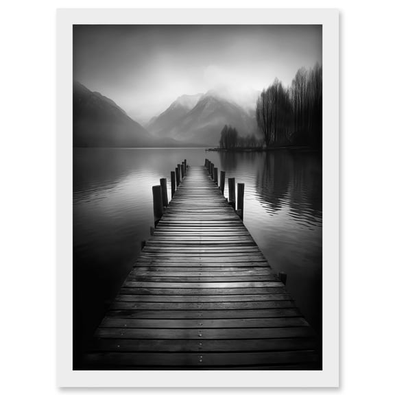 Lake Pier Mountain Landscape Black and White Photo Artwork Framed Wall Art Print A4