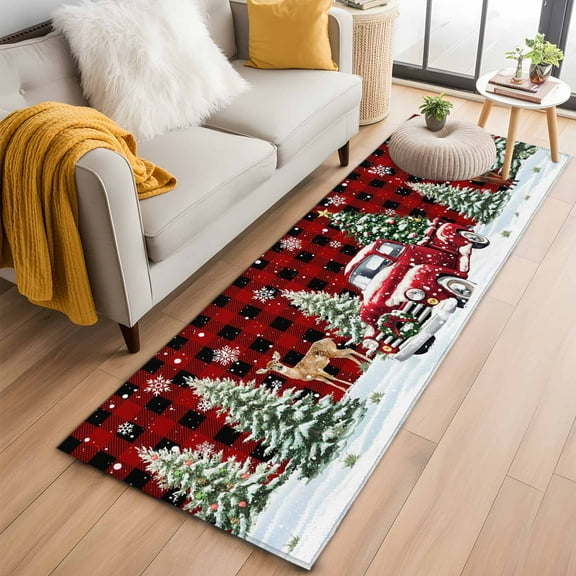 Christmas Truck Kitchen Runner Rug 2x6 Washable Runners for Hallway Non Slip Winter Snowflakes Xmas Tree Deer Red Black Large Area Rug Indoor Floor Carpet for Bathroom Laundry Entryway Bedroom