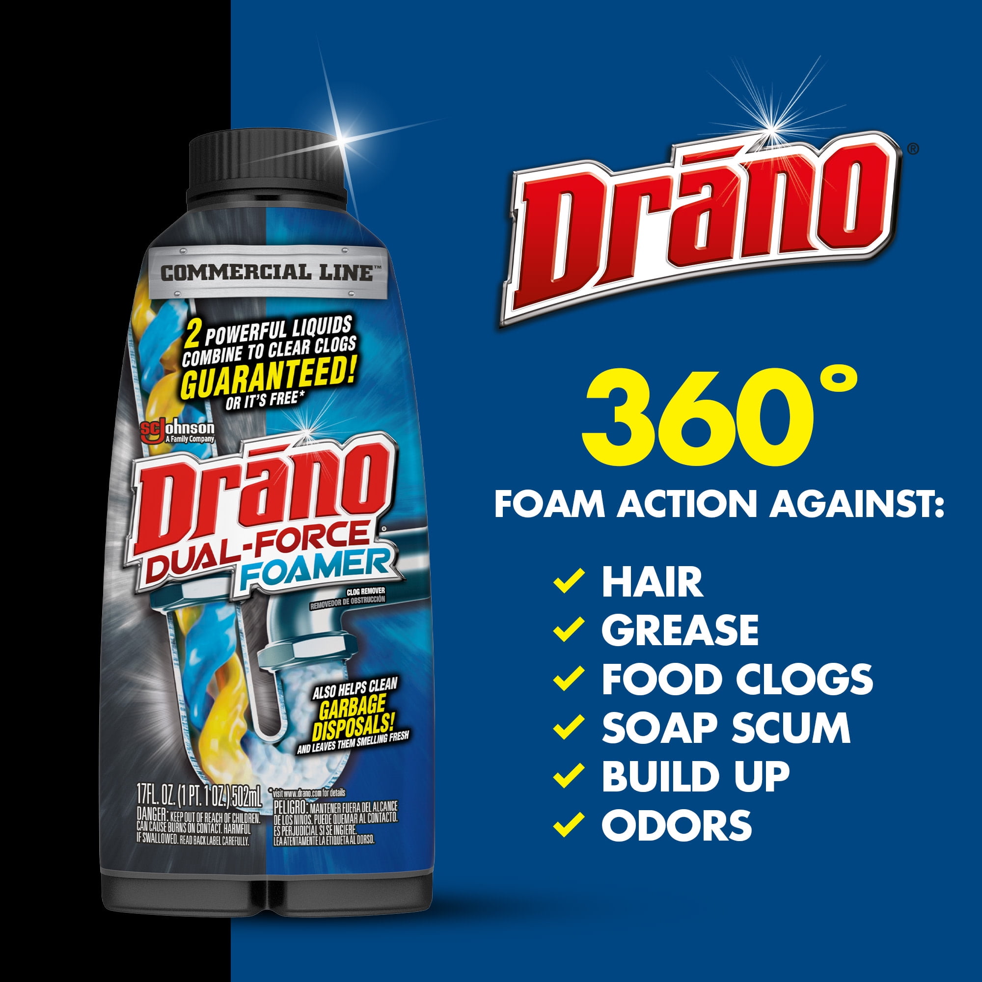 (6 pack) Drano Dual-Force Foamer, Hair and Drain Clog Remover, Commercial Line, 17 fl oz