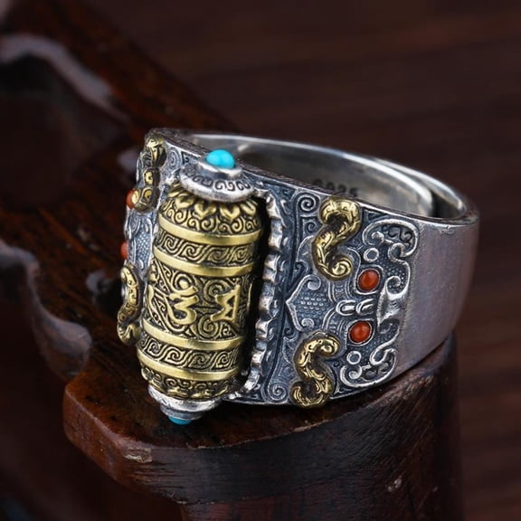 Tibetan Om Mani Padme Hum Spinner Ring for Men Rotatable Vintage Buddhist Mantra Ring Meditation Jewelry