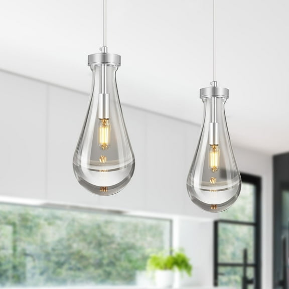LMQNINE Raindrop Set of 2 Pendant Lights Kitchen Island,Teardrop Chrome Hanging Light Fixtures,Clear Solid Glass,Modern Chandeliers for Dining Room Porch Corridor Living Room