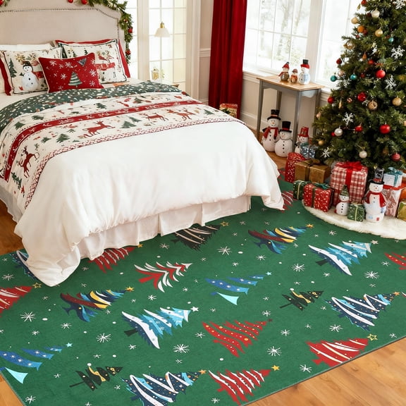 COZONY 9x12 Christmas Area Rug, Non-Slip Washable Low Pile Extra Large Rug, Xmas Tree Pattern, Green, Holiday Decor for Living Room & Bedroom